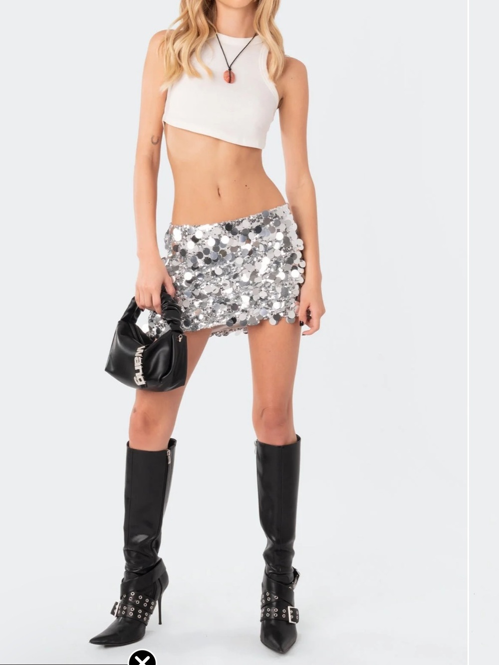 EDIKTED Silver Rise Sequin Mini Skirt – Size Large